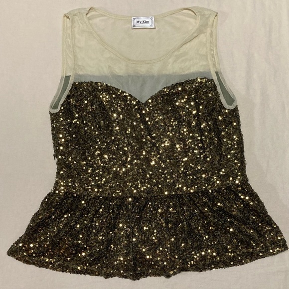 My-Kim Gold Sequin Sleeveless Top with Peplum - Picture 1 of 16
